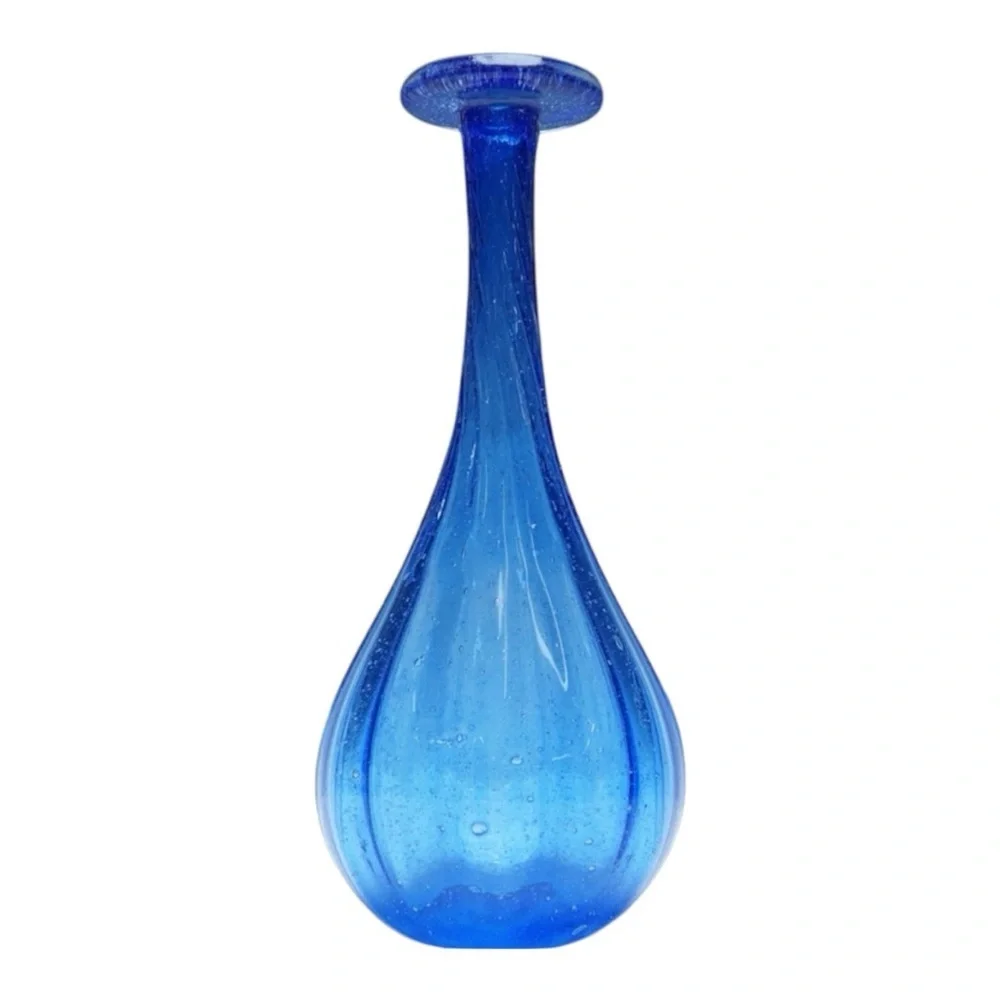 Vintage Blue Art Glass Vase Hand-Blown Murano Style Bullicante Teardrop‎ Form